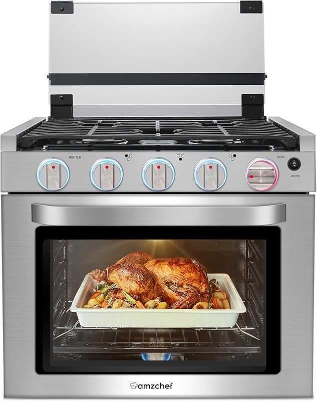 AMZCHEF 12V RV Gas Range with 3 Burners, 28,100 BTU Oven, Cast Iron Grates & Knob Indicator