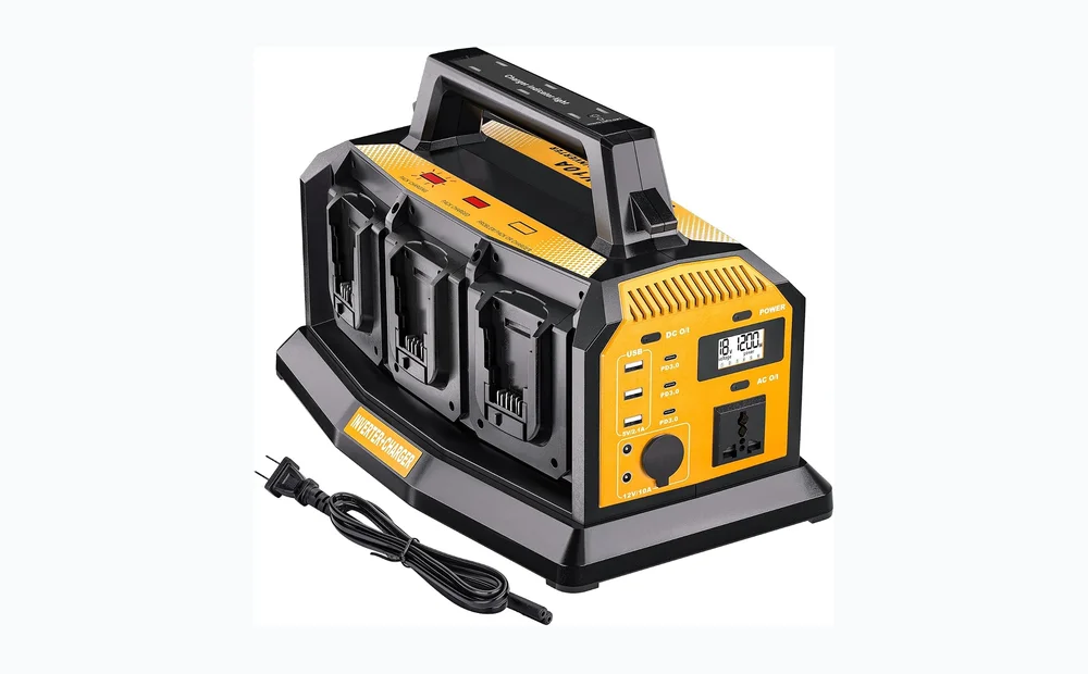 Adisipsoarin 1200W Power Inverter & 6A Rapid Charger for DeWalt 20V Battery – 6-Port DC to AC 120V Converter, 3 USB-A + 3 USB-C, 300lm LED Light for Camping, Travel, Emergencies(Battery not Included)