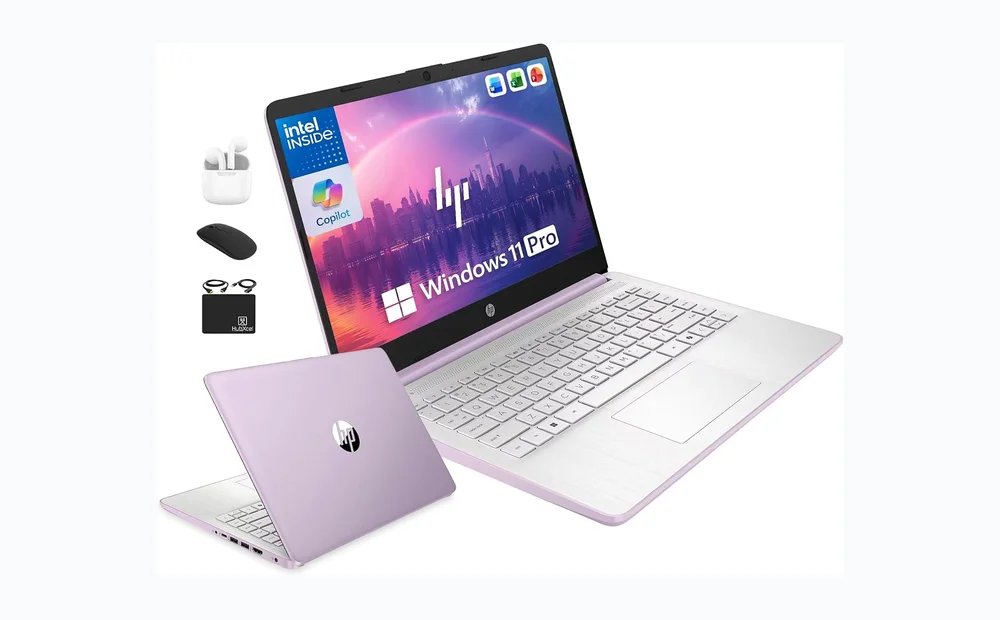 HP 14" Laptop Computer for 2026 Student Business Productivity, MS Office & Win 11 Pro, Copilot AI, Intel 4-Core CPU, 4GB DDR5 RAM, 628GB Storage (128GB UFS+500GB Ext), Wi-Fi 6, HubxcelAddon, Lavender