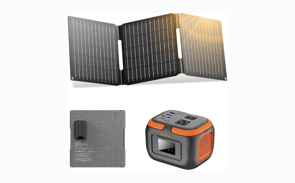 Portable Power Station with Foldable Solar Panel 30W, Portable Power Bank with AC Outlet 110V 120W, USB-C for Smart Devices Camping RV Travel VanLife Hiking Fishing-Orange