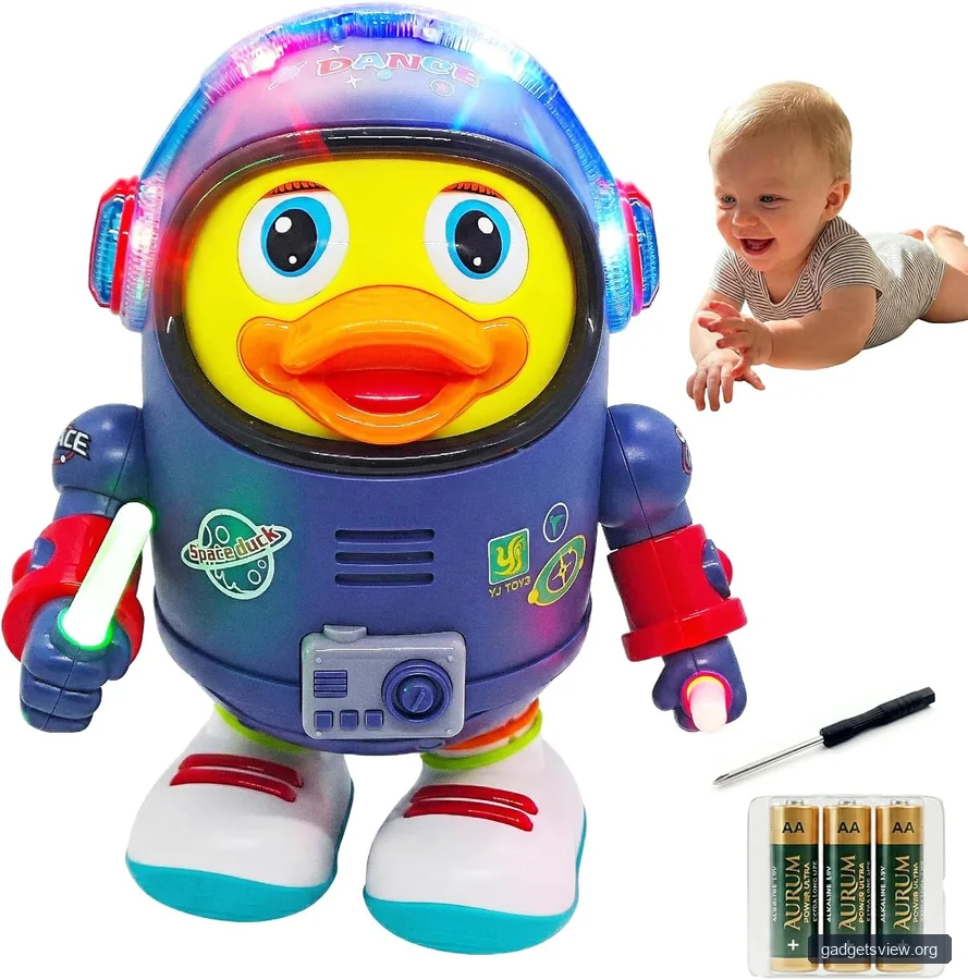 Musical Dancing Space Duck Toy, Walking Duck Robot with Lights & Sounds, Crawling Interaction & Tummy Time Toy for Babies Toddlers Birthday Gift (Blue)