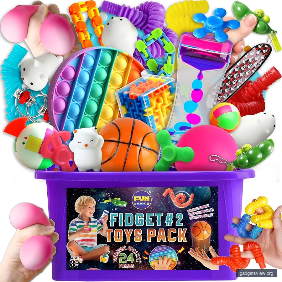 Fidget Pack Box for Boys Girls 4-12, FunKidz Fidget Toys for Kids 5-7 Autistic Sensory Mystery Birthday Gifts in Reusable Portable Treasure Box Nice Party Favors